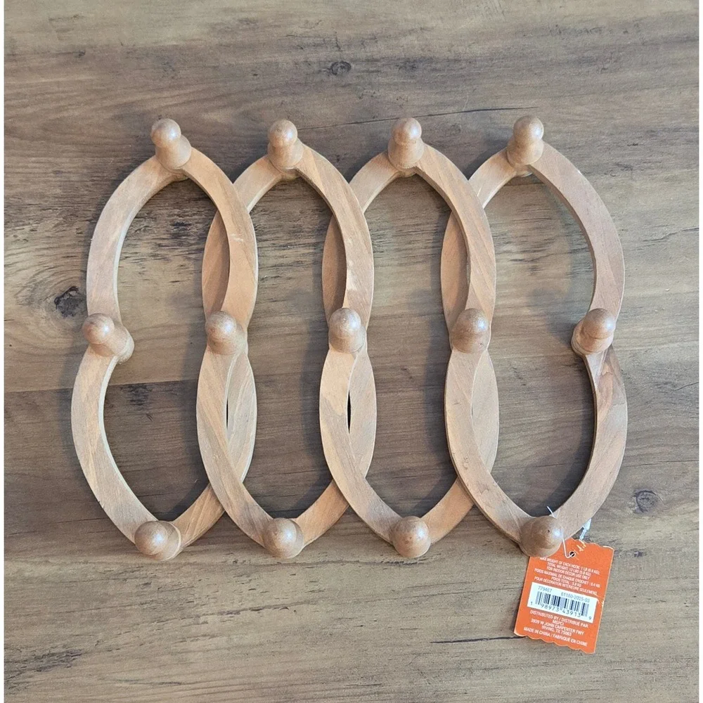 Natural Wood Accordion Wall Rack 13 Peg Expandable Oval Link Hanging Organizer